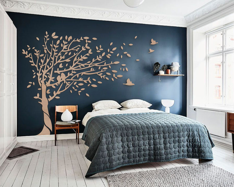 Family Tree of Life wood wall art with branches, leaves, and birds.