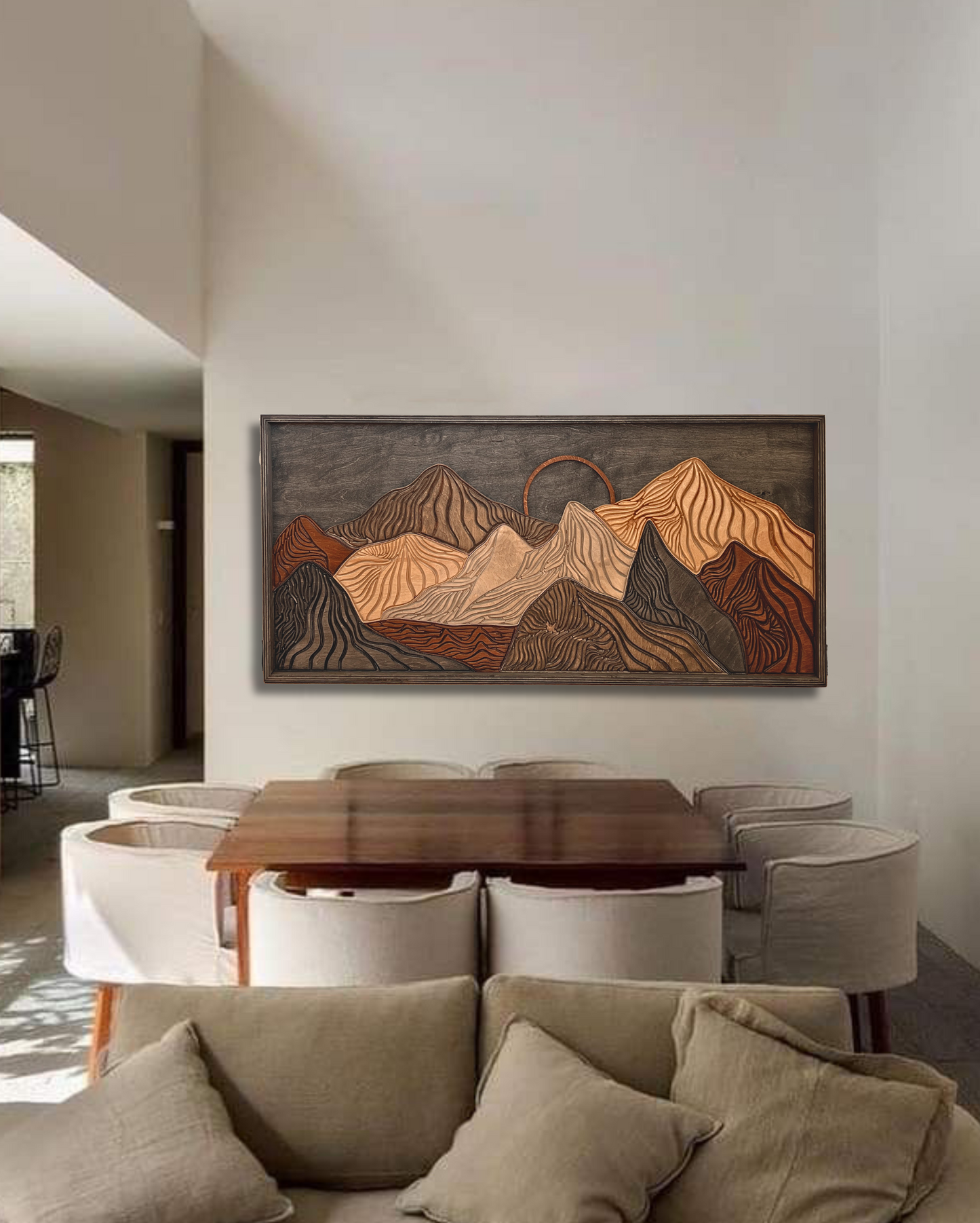 Large wooden mountain wall art featuring stained natural wood layers and detailed carved peaks, perfect for rustic homes and cabin décor.