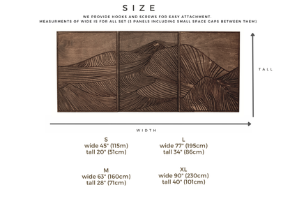 Wooden wall art panels with size chart on a white background