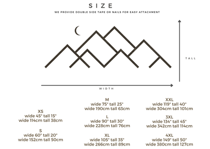 Measurement chart for mountain-shaped decorations with dimensions and attachment options.