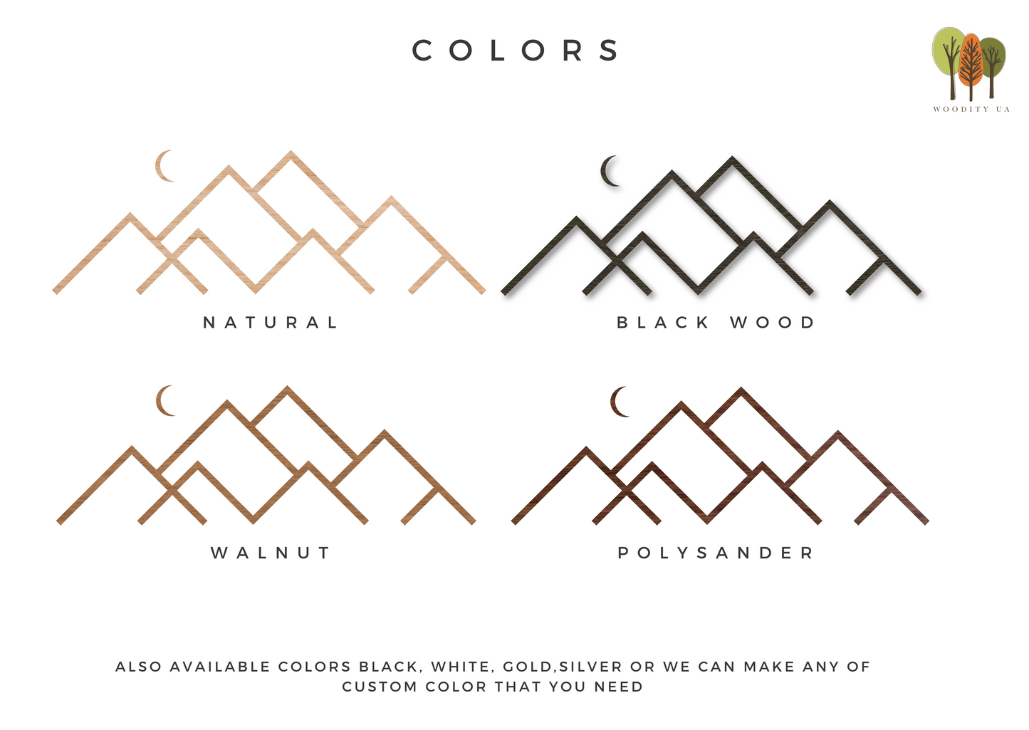 Color swatches for natural, black wood, walnut, and polysander finishes with a brand logo at the top right corner.