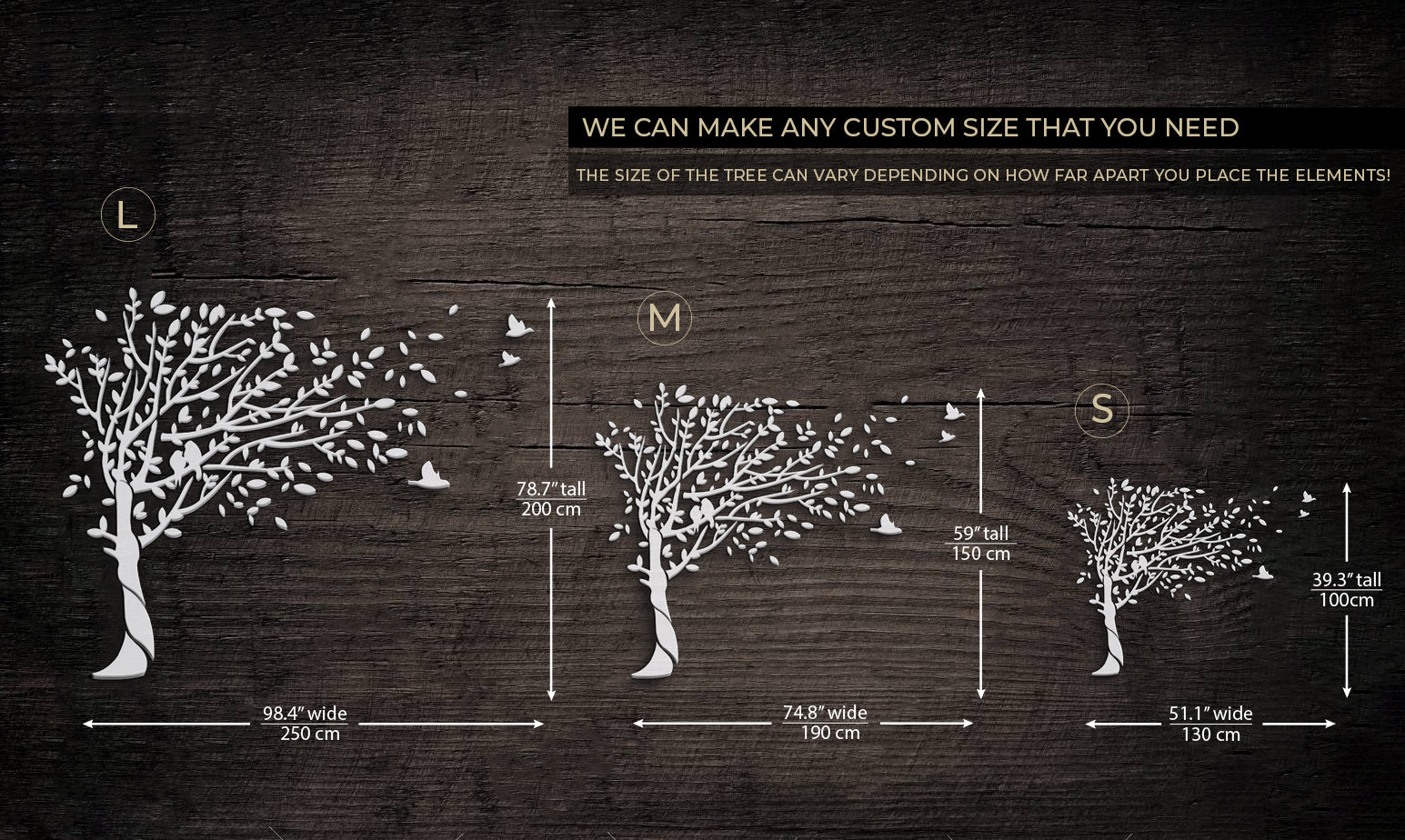 Diagram showing different sizes of tree-shaped wall decals with measurements on a dark background.