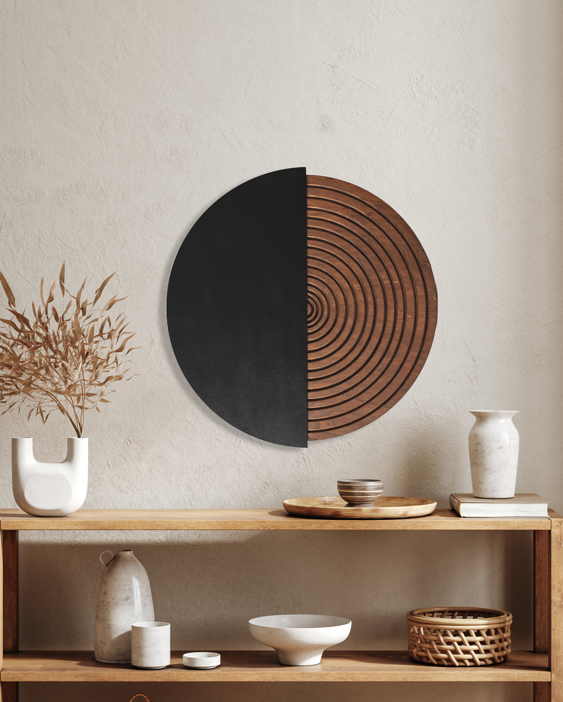 Minimalist round wooden wall panel, geometric modern home decoration