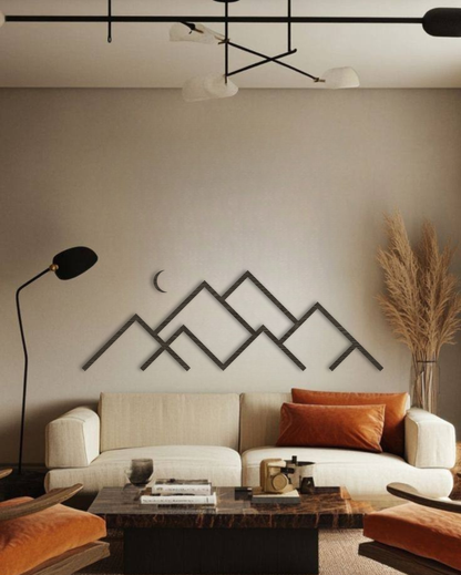 Mountain silhouette wood wall art with minimalist natural wood finish.