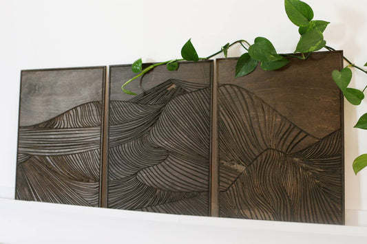 Minimalist mountain wall decor, engraved line design on wood panels