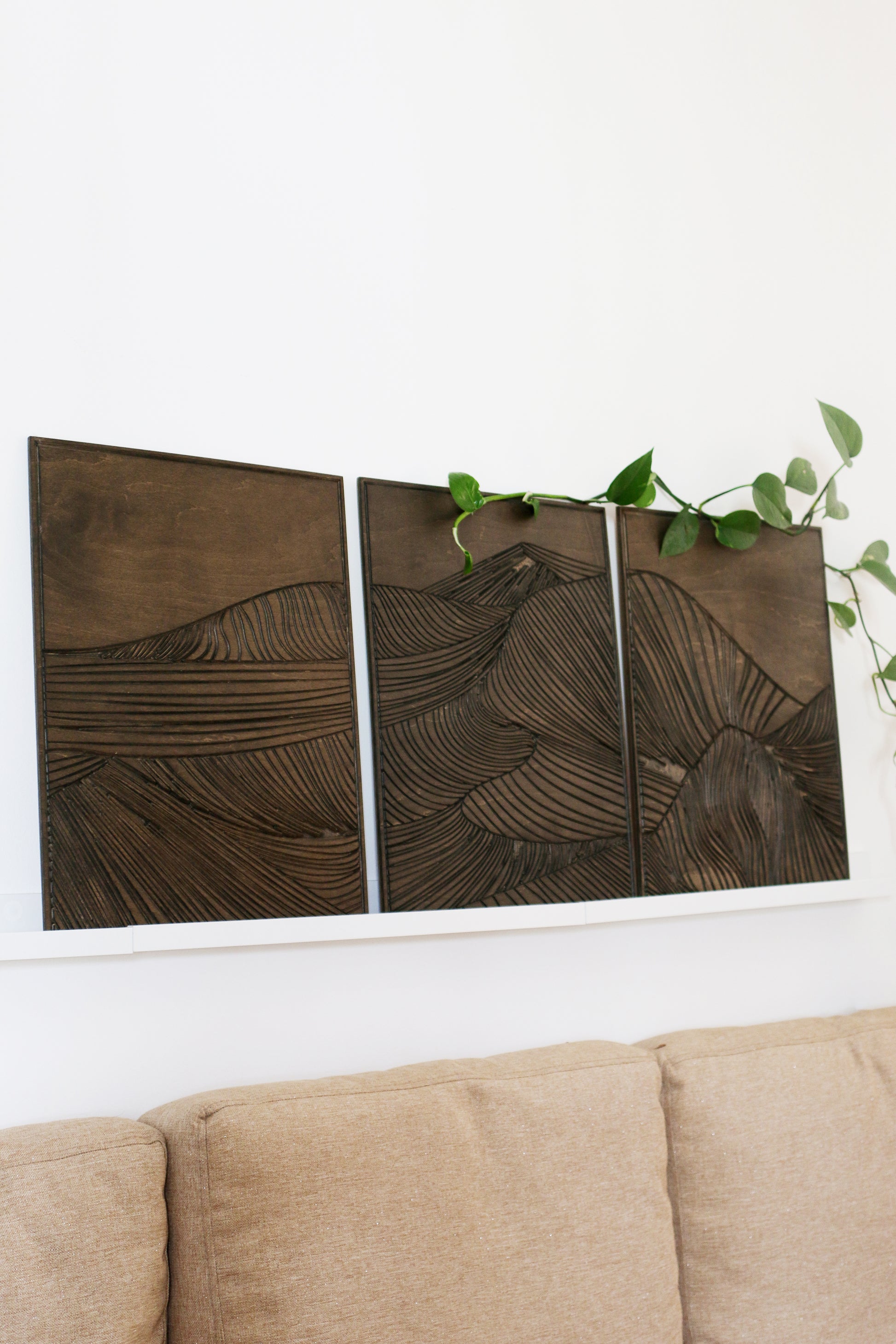 Mountain wood wall art, handmade wooden wall panel set with curved lines