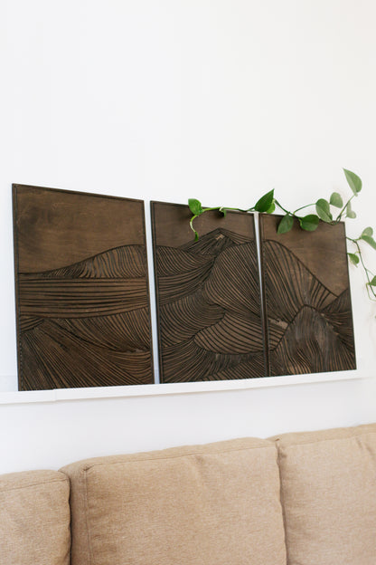 Mountain wood wall art, handmade wooden wall panel set with curved lines