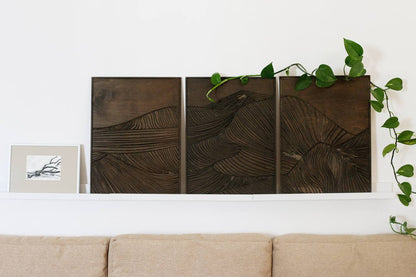 Carved wood mountain wall art set for living room or cabin décor.