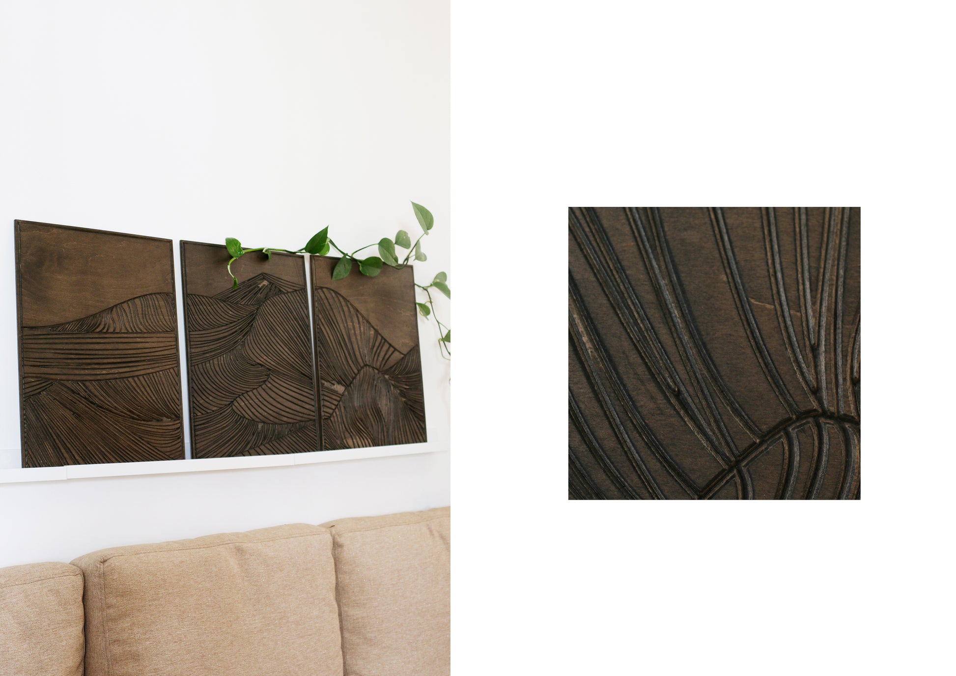 black wood mountain wood wall art, rustic handmade wooden panel set