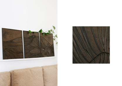 black wood mountain wood wall art, rustic handmade wooden panel set