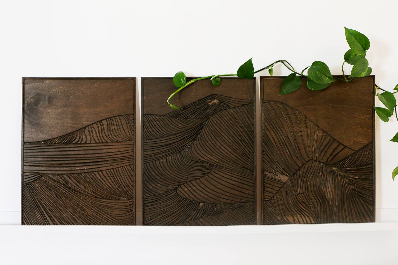 Contemporary mountain scene carved in wood, geometric wall decor