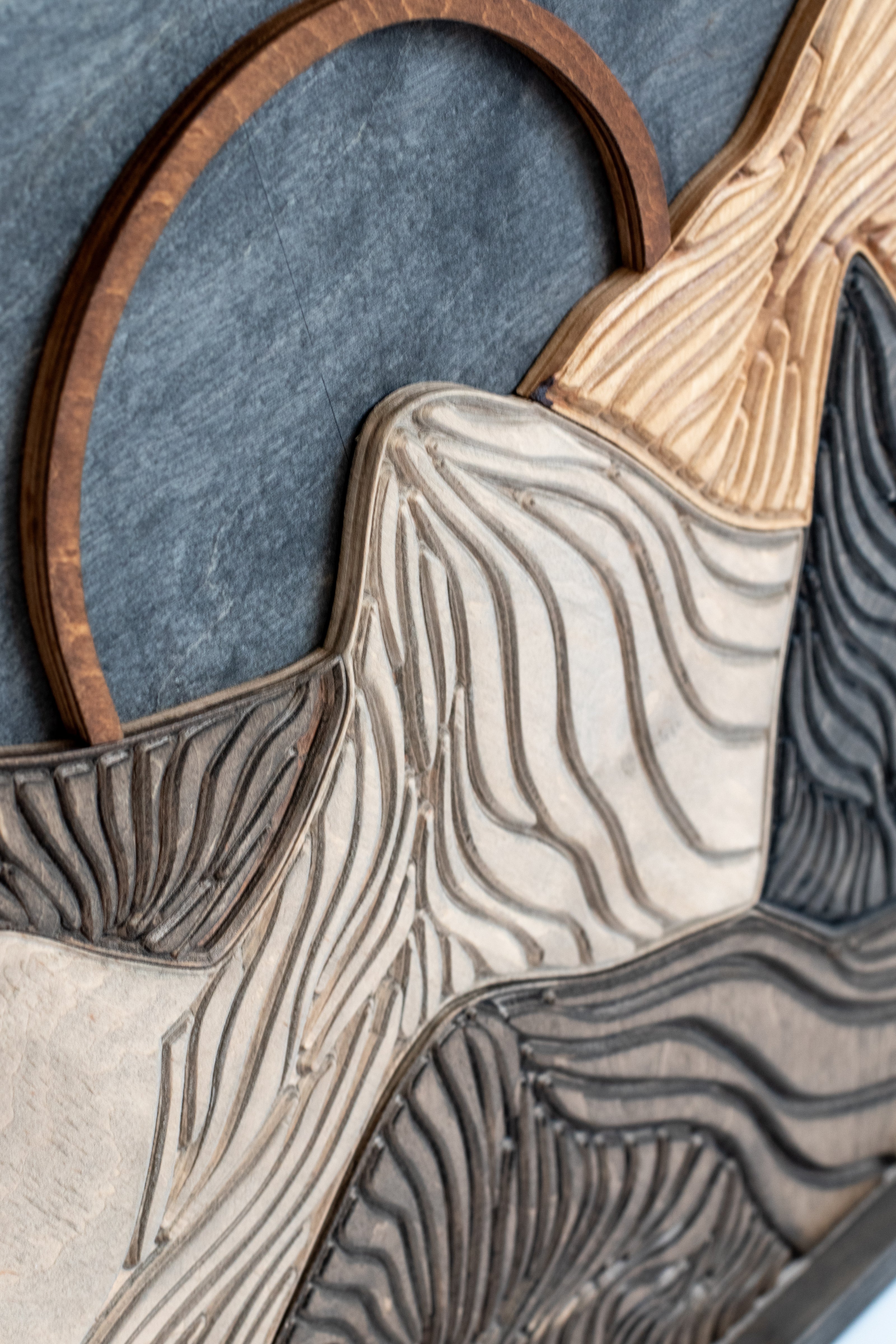 Nature-inspired wooden mountain silhouette artwork, handcrafted to add warmth and outdoor vibes to living rooms, offices, or cabins.