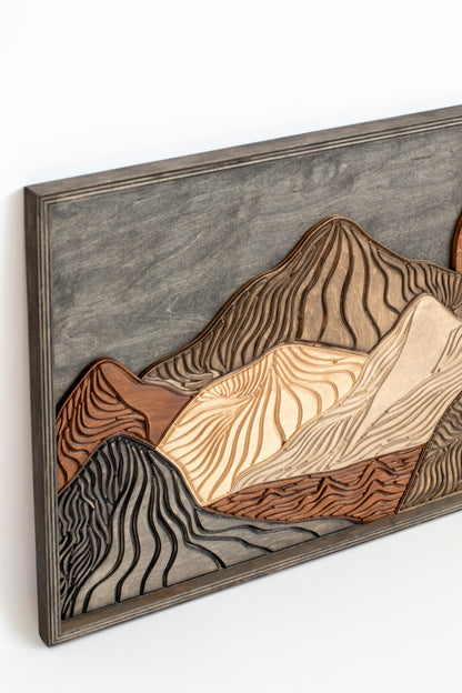 Modern rustic wooden mountain wall piece with geometric layered peaks and natural grain texture for stylish home decoratio