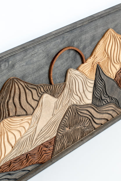 Custom wood mountain décor made from high-quality hardwood, designed to bring natural, outdoorsy style to any wall space.