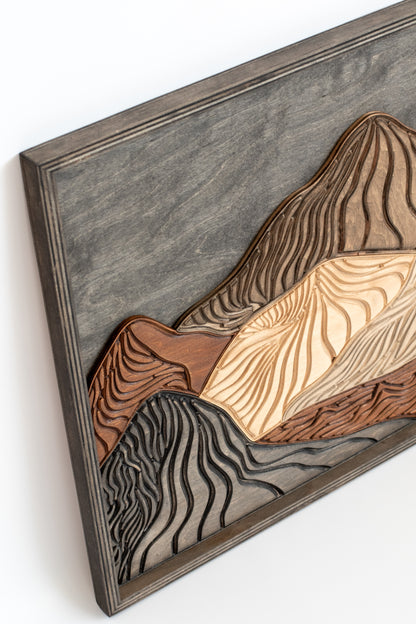 Decorative wooden mountain landscape artwork with 3D layered design, crafted for cozy cabin walls or nature-inspired home décor.