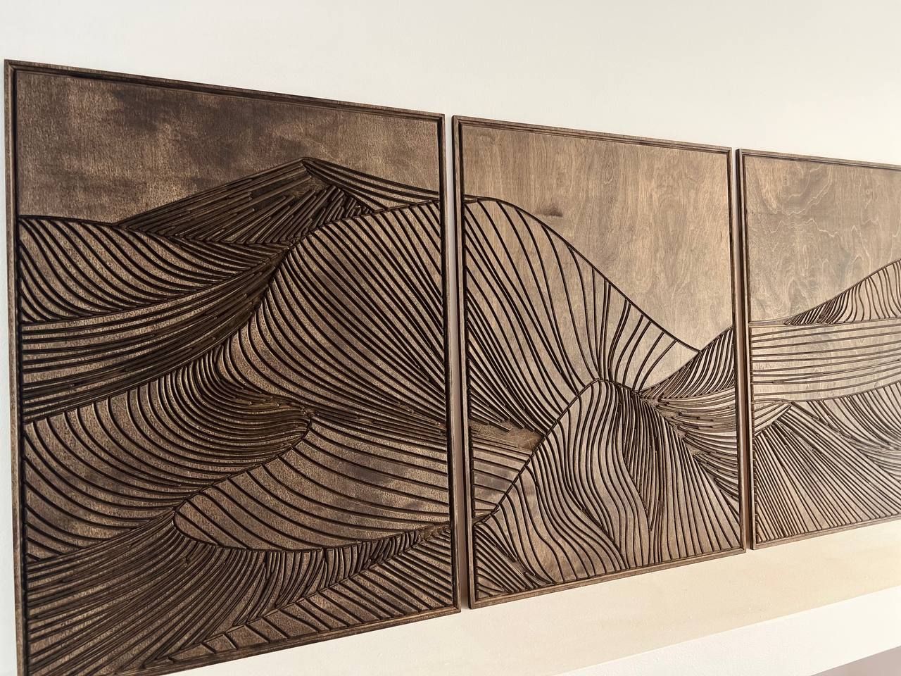 3-piece wood wall art with mountain design, natural home decor panel.