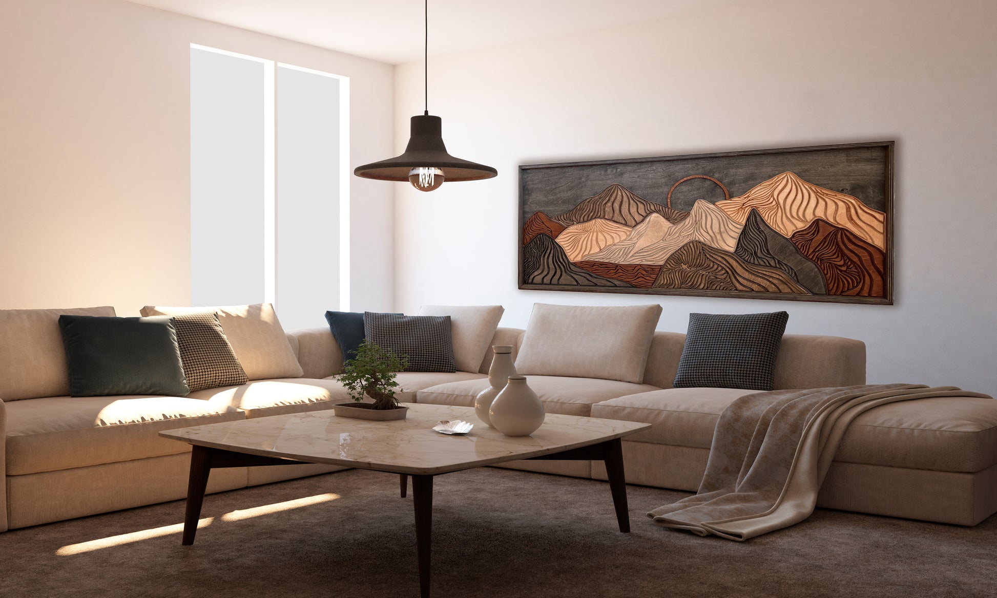 Layered wooden mountain silhouette décor with geometric design.