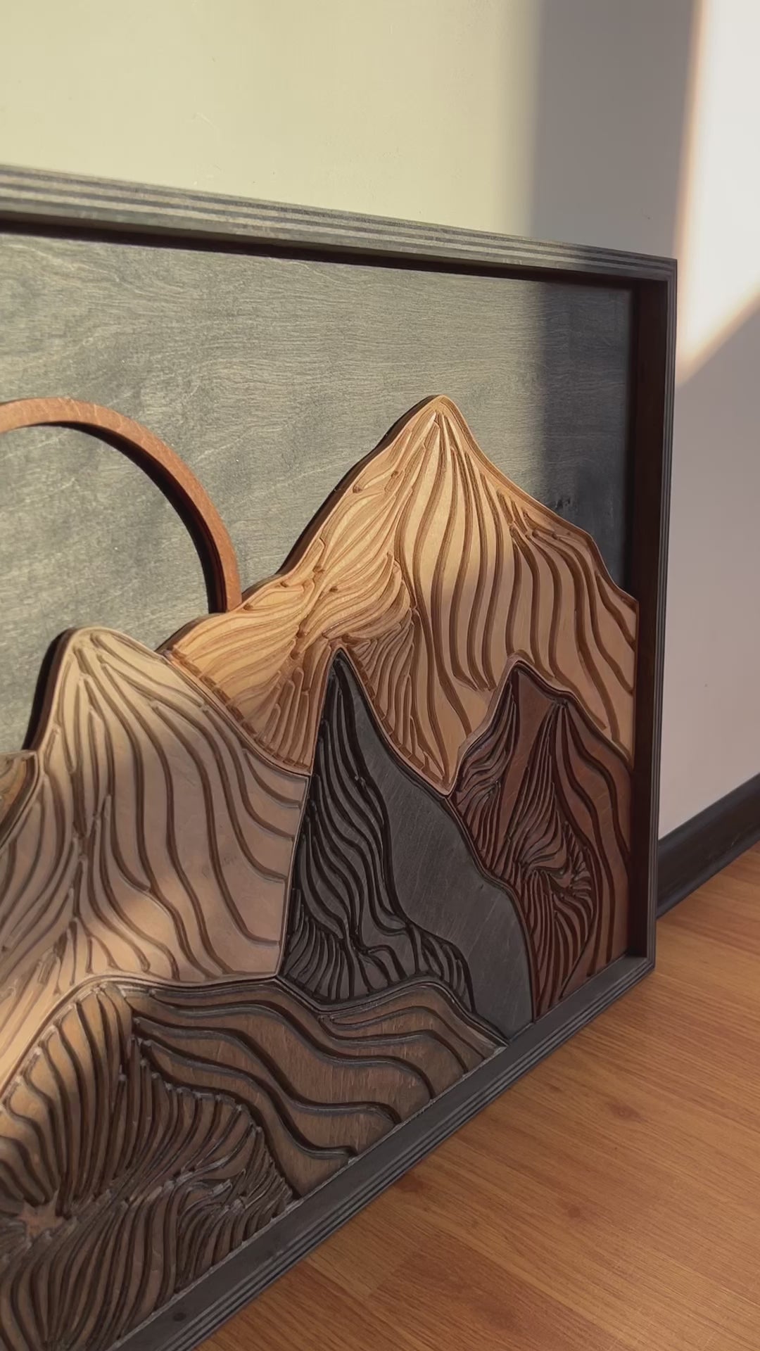 Rustic handmade wood mountain wall hanging with multi-tone wood stains, ideal for living rooms, nurseries, and adventure-themed interiors.