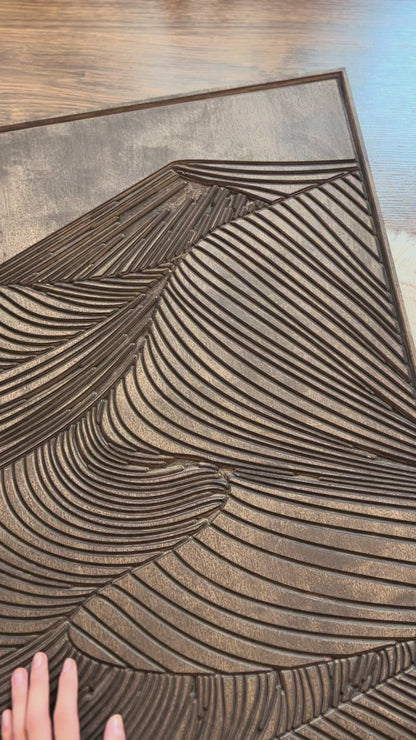 Decorative carved wood mountain triptych with detailed contours and elegant shading, created for nature-inspired home décor.