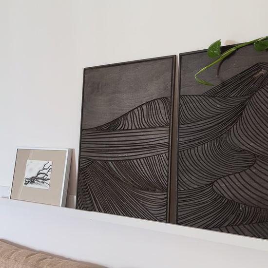 Handcrafted 3-panel wood mountain wall art set with precision-carved peaks, ideal for living rooms, offices, and cabin décor.