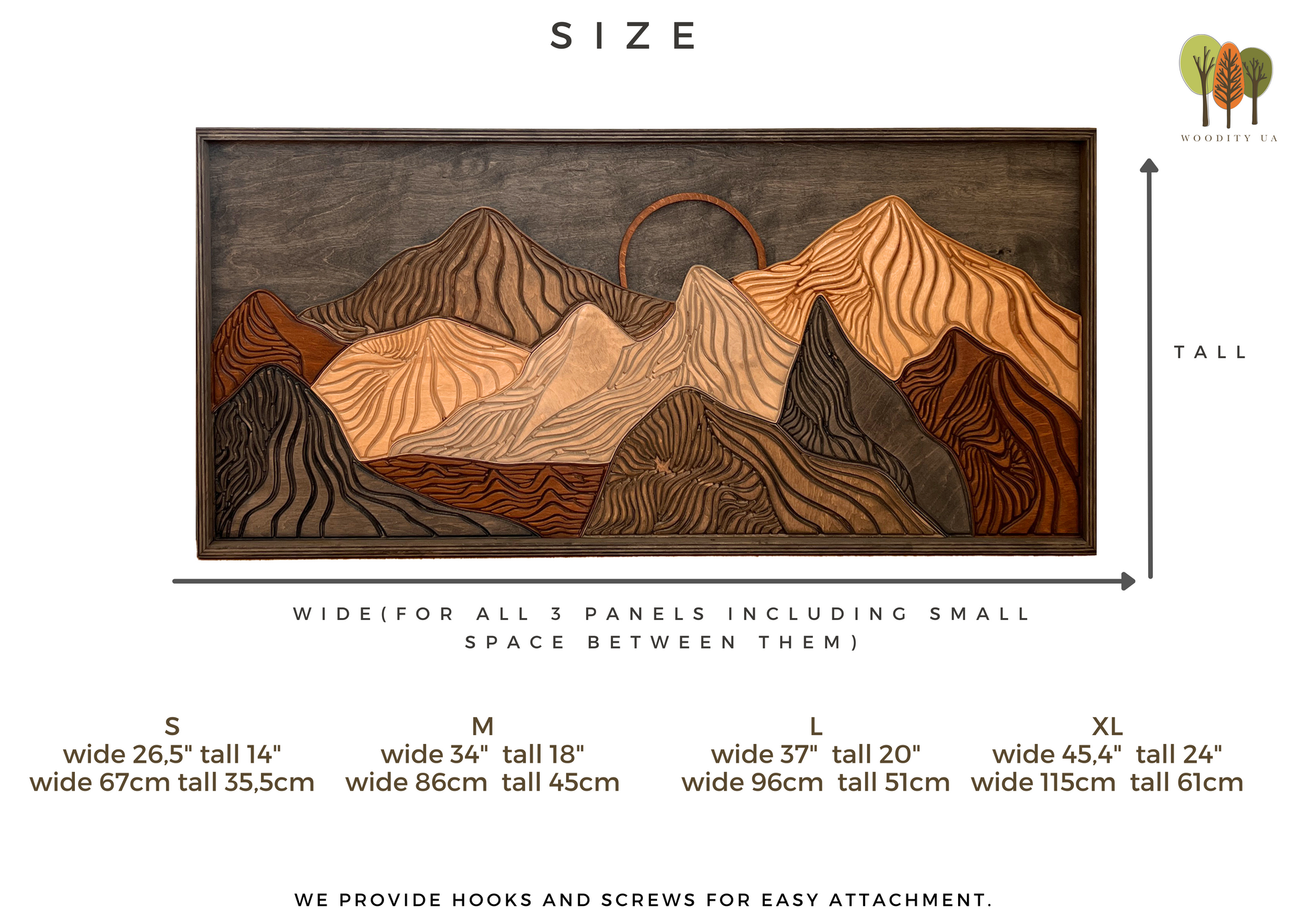 Wooden wall art with mountain design and size chart on a white background